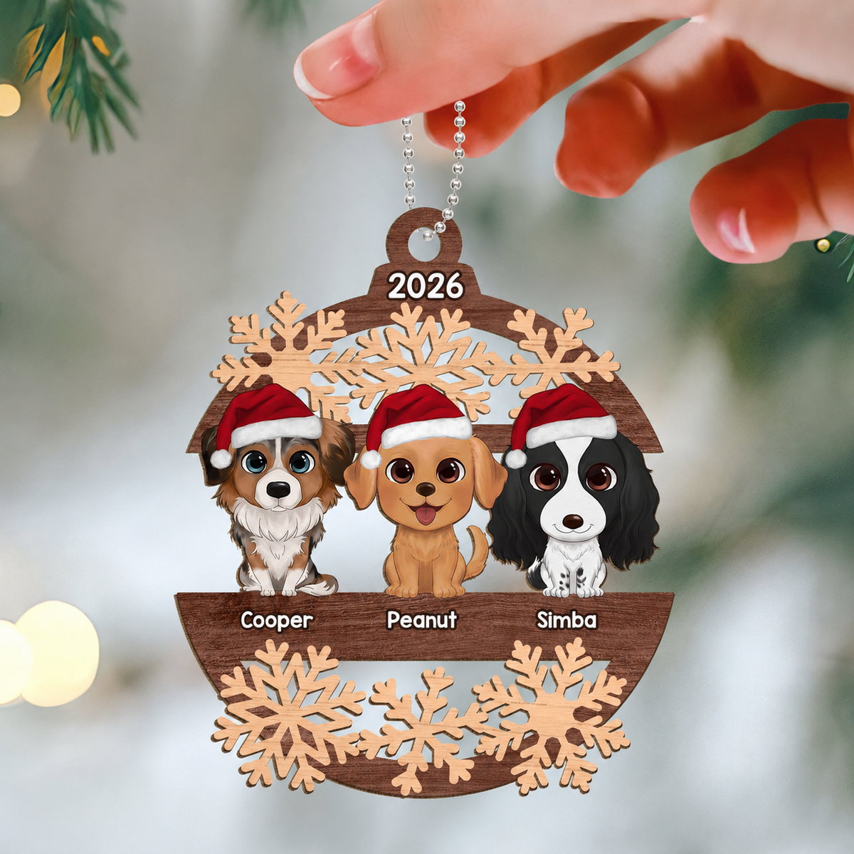 Snowflake Dogs Cats Christmas Sitting Personalized Wooden Ornament