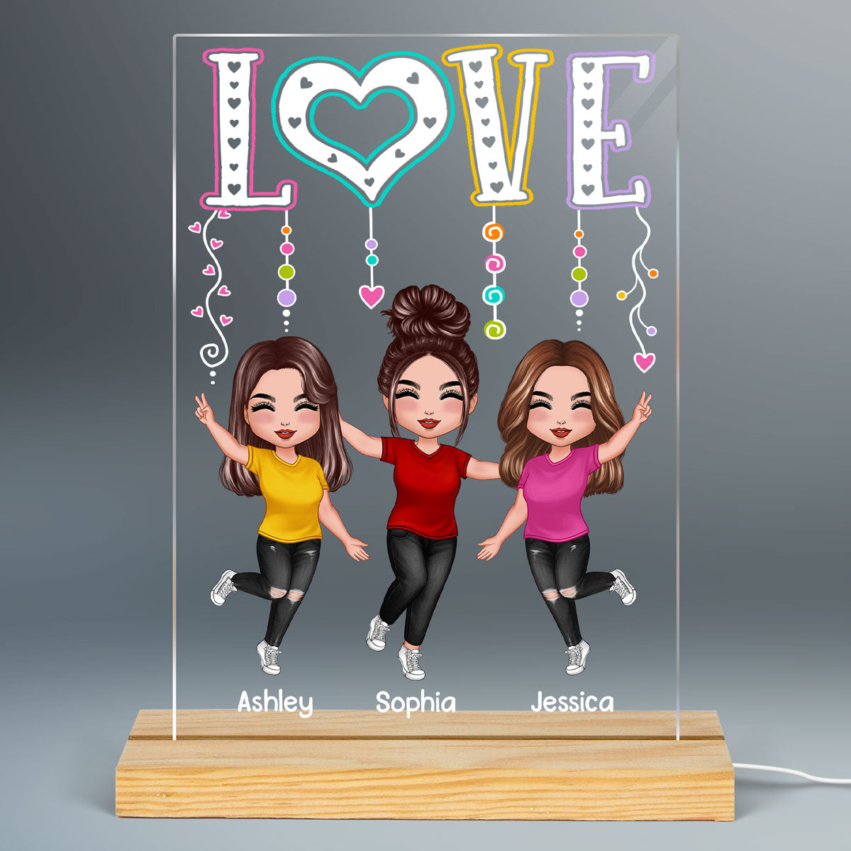 LOVE Happy Doll Besties Sisters Personalized Rectangle Acrylic Plaque LED Night Light