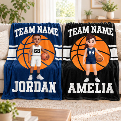 Basketball Girl Boy Player Custom Name And Team Name - Personalized Fleece Blanket - Christmas Gift For Basketball Players, Basketball Lovers, Granddaughter, Daughter, Grandson, Son