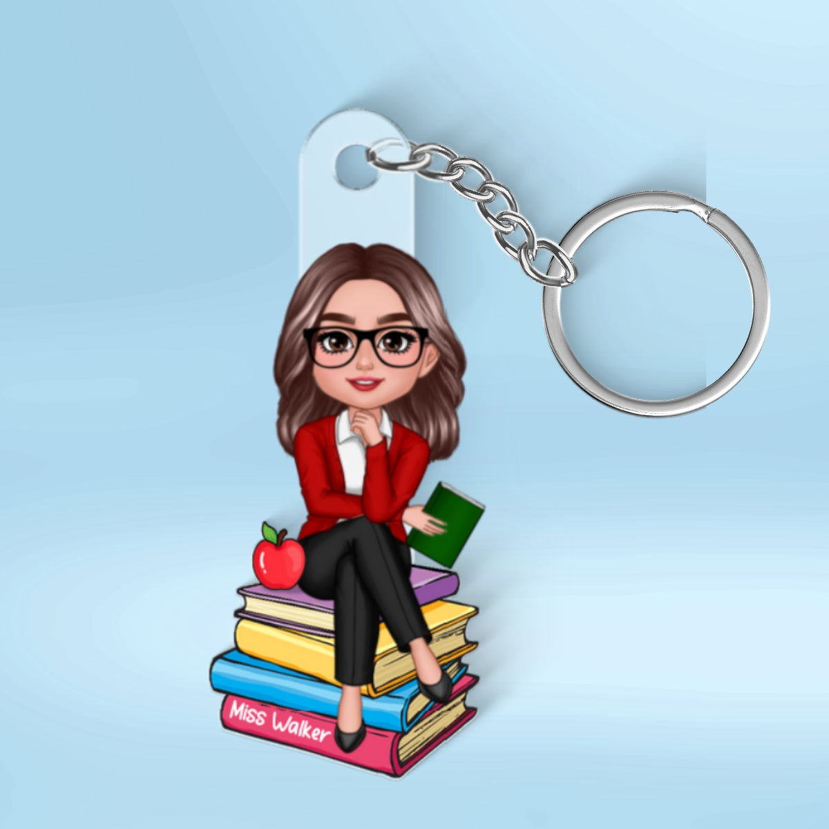 Doll Teacher Sitting On Books Personalized Acrylic Keychain