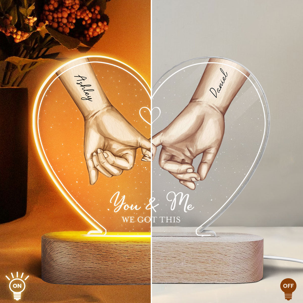 Personalized Couple Hands Pinky Promise Acrylic Heart LED Night Light,  gift, Anniversary Gift for Couples
