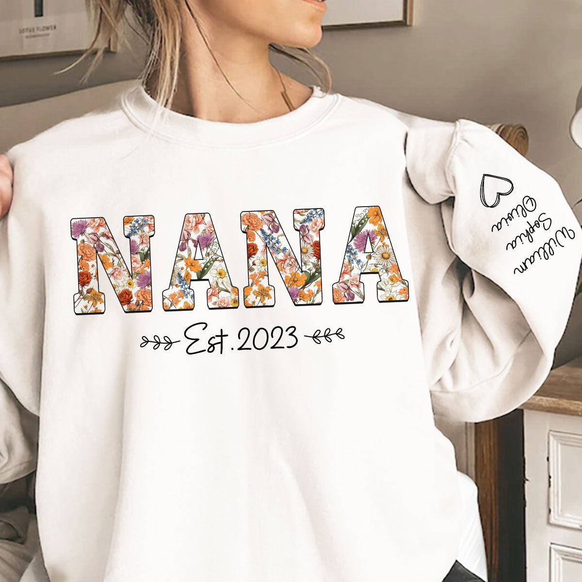 Vintage Flowers Grandma Est With Grandkids Names Personalized Sleeve Printed Shirt