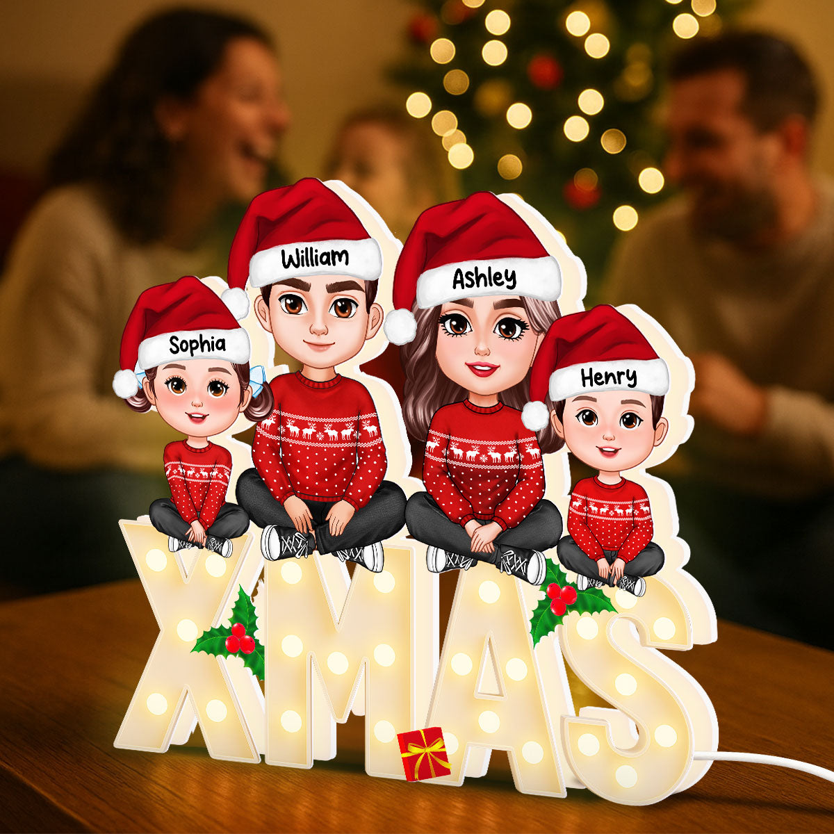Family Sitting On Marquee Effect Letter Personalized LED Light Box, Christmas Decor For Family