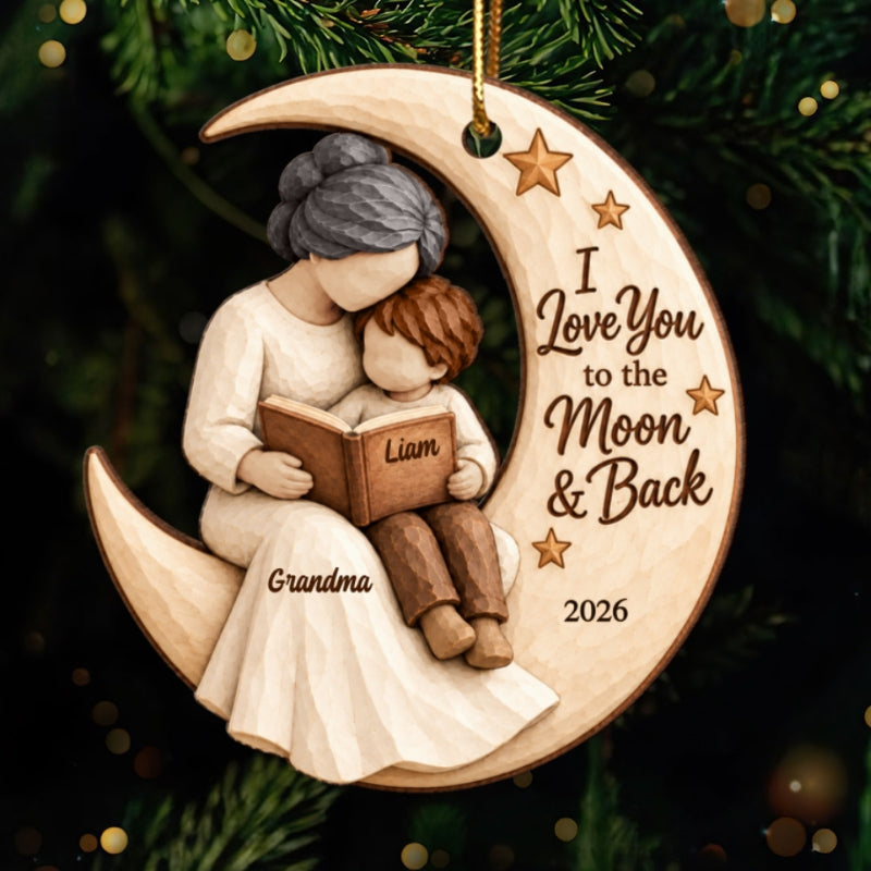 Grandma Grandkid Reading On Moon 2D Flat Printed - Personalized Wooden Ornament - Christmas Gift For Grandkid, Grandson, Granddaughter