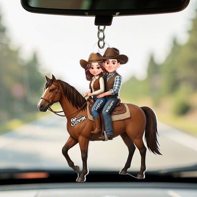 3D Effect Couple And Their Horse - Personalized Acrylic Car Hanger - Valentine's Gift For Couple, For Horse Lovers