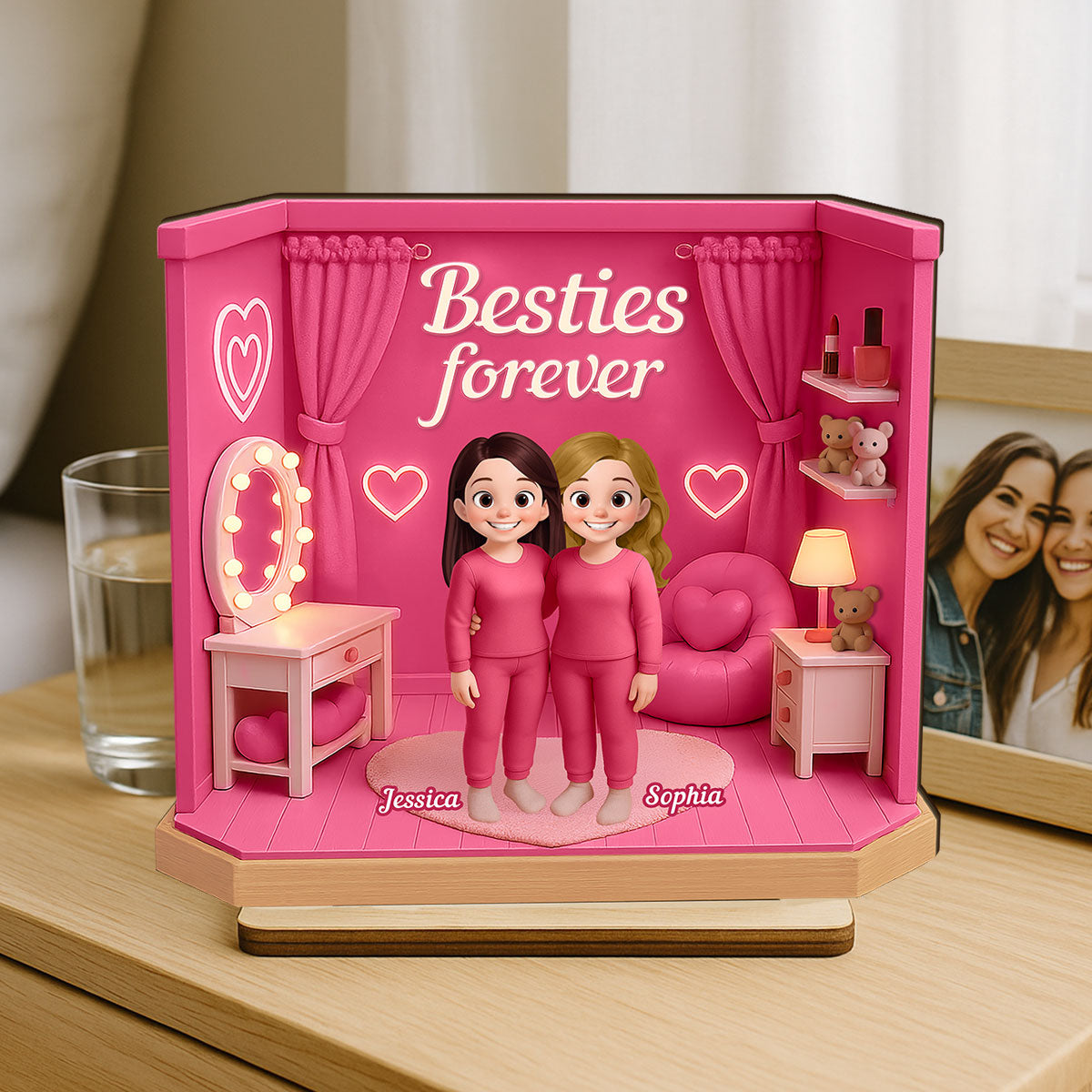 3D Effect Besties Pink Tone Dream Dollhouse Personalized Flat Standing Wooden Plaque