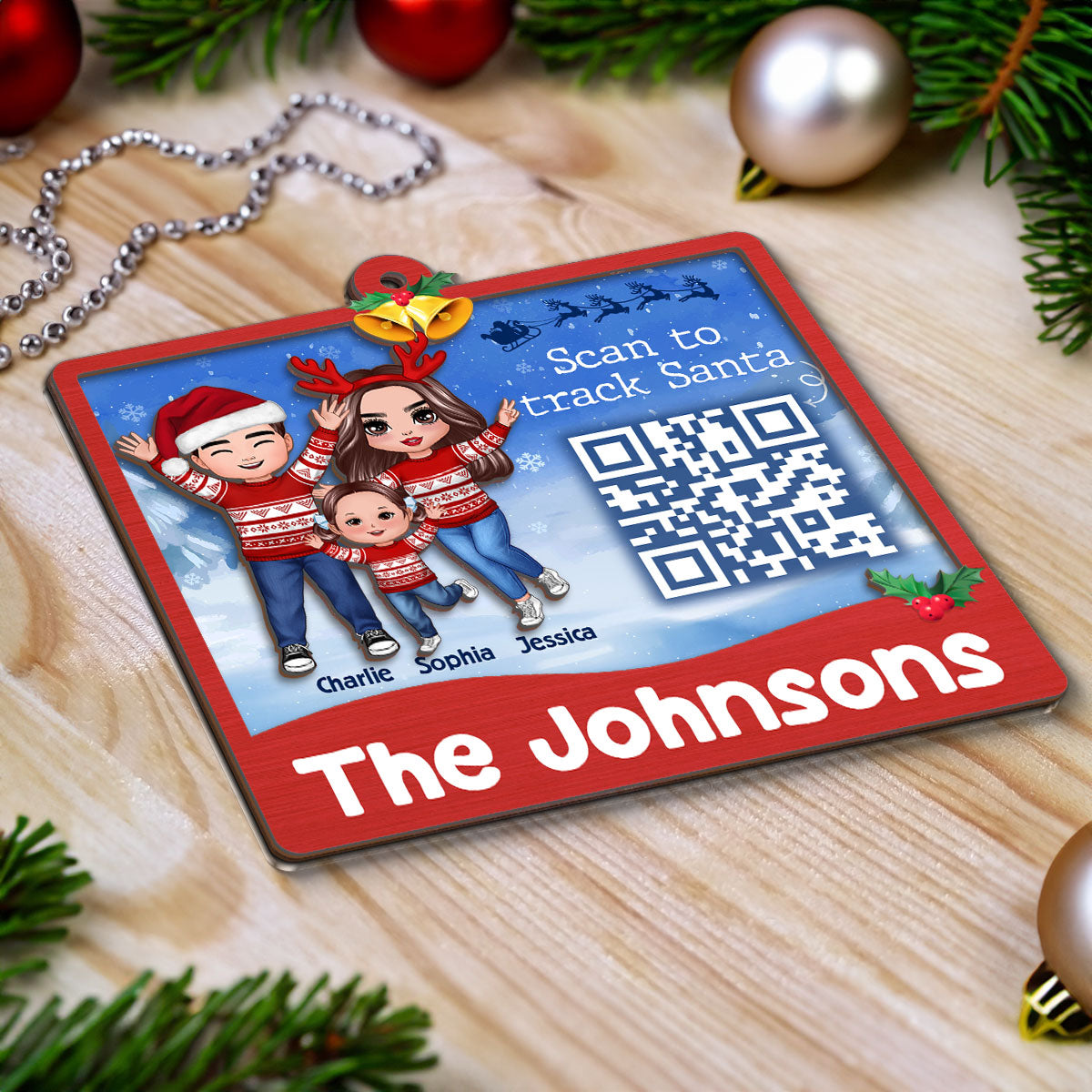 Happy Family Santa Tracker QR Code Personalized 2-Layer Wooden Ornament