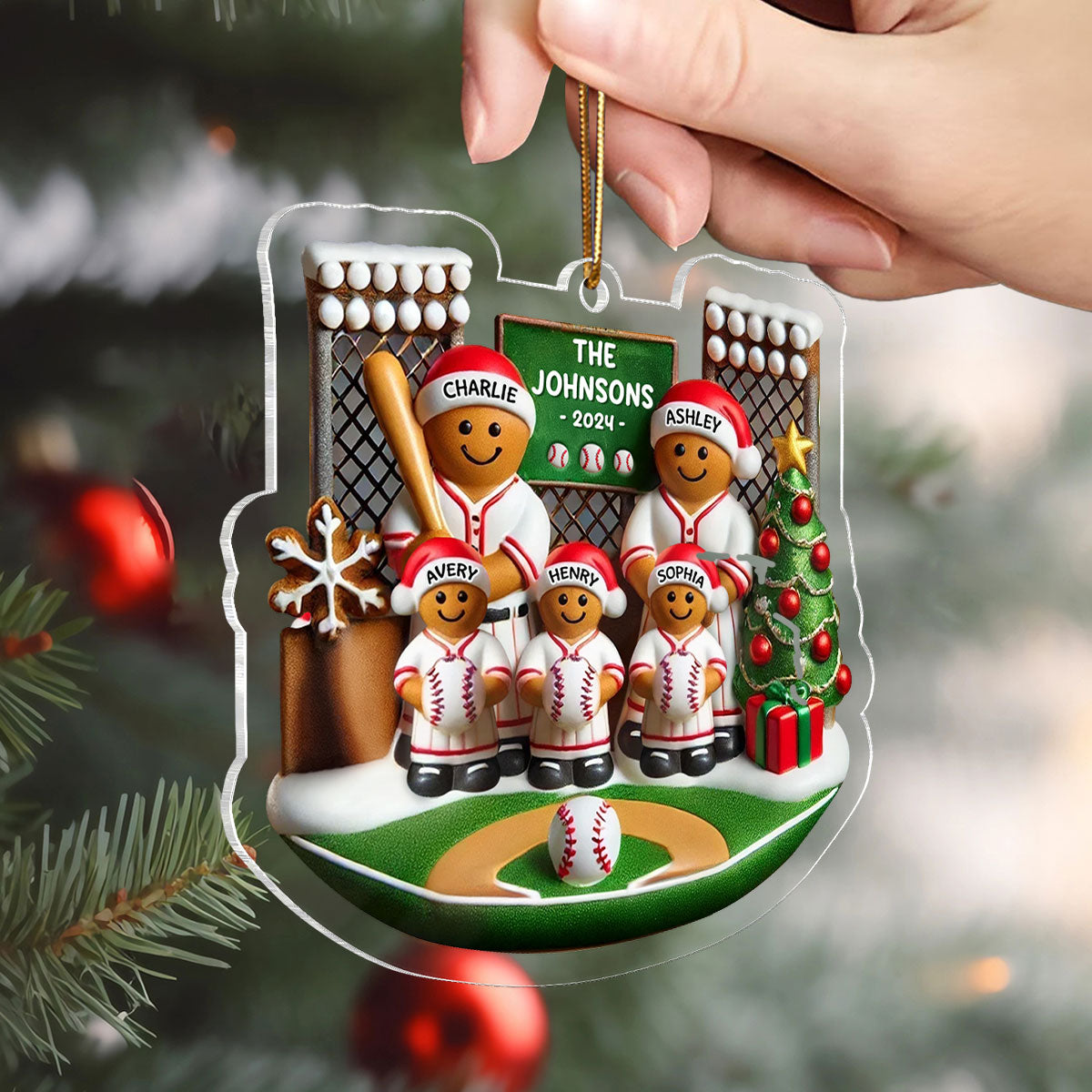 3D Effect Baseball Gingerbread Family On Field Sport Lover Personalized Acrylic Ornament