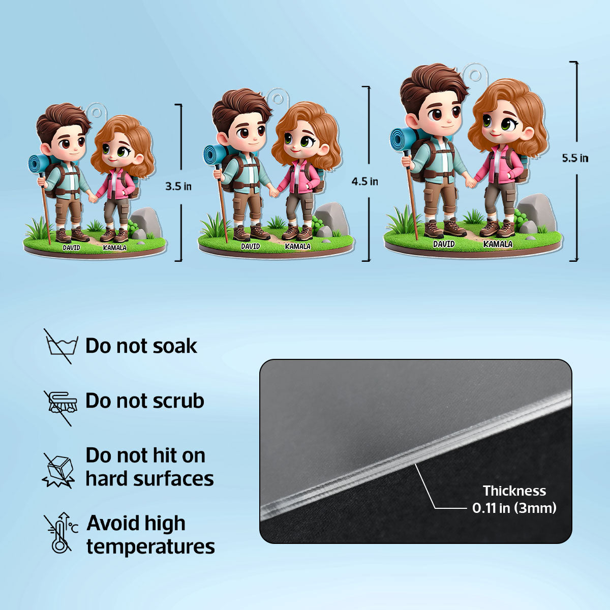 3D Effect Cute Cartoon Hiking Couple Personalized Acrylic Car Hanger, Rear View Mirror, Anniversary, Birthday Gift for him, for her