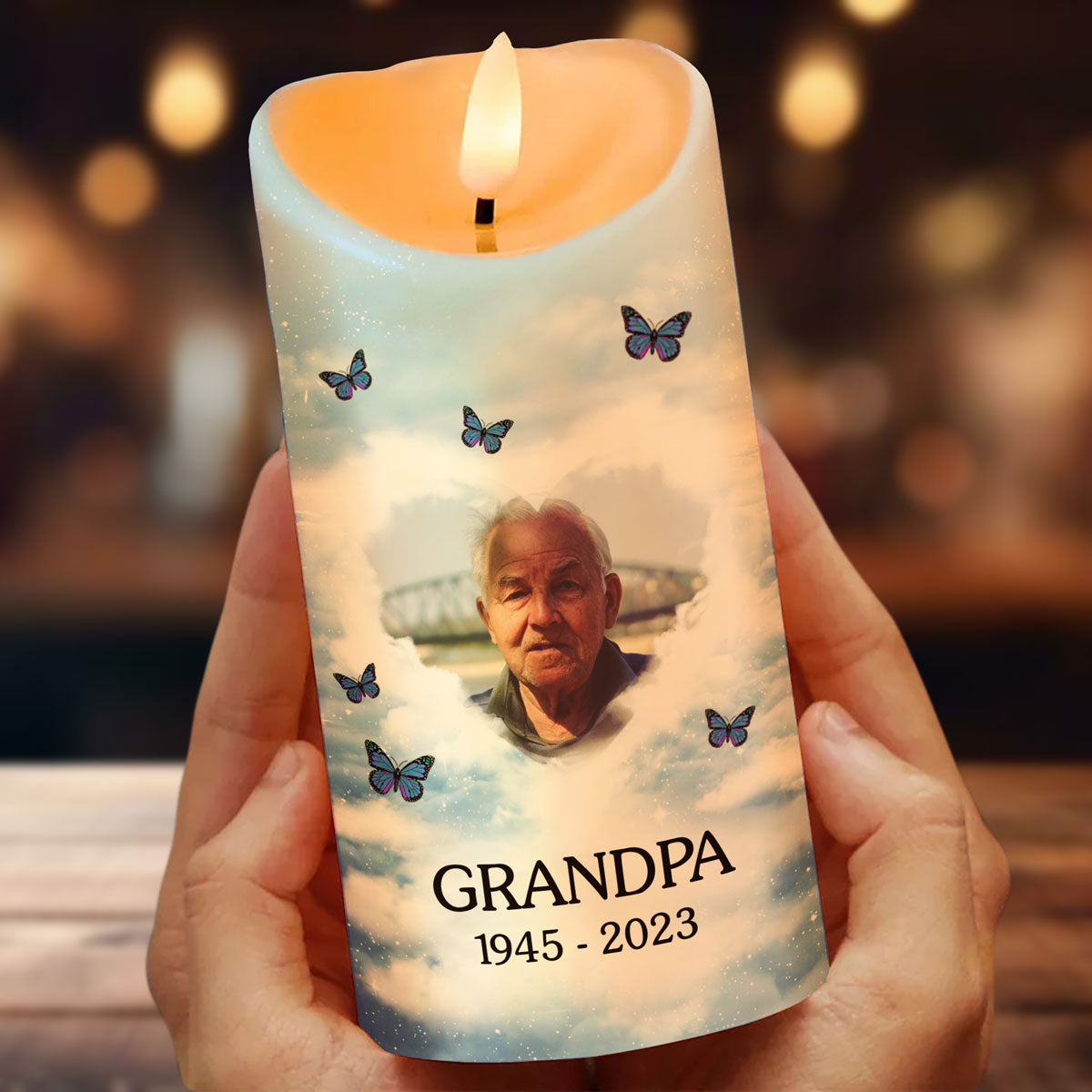 This Candle Burns In Loving Memory Sky Photo Upload Memorial Personalized LED Candle