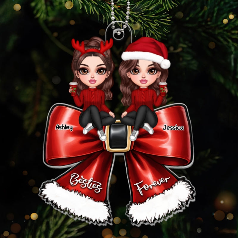 Christmas Red Coquette Bow Best Friends Personalized Acrylic Ornament, Christmas Gift For Besties