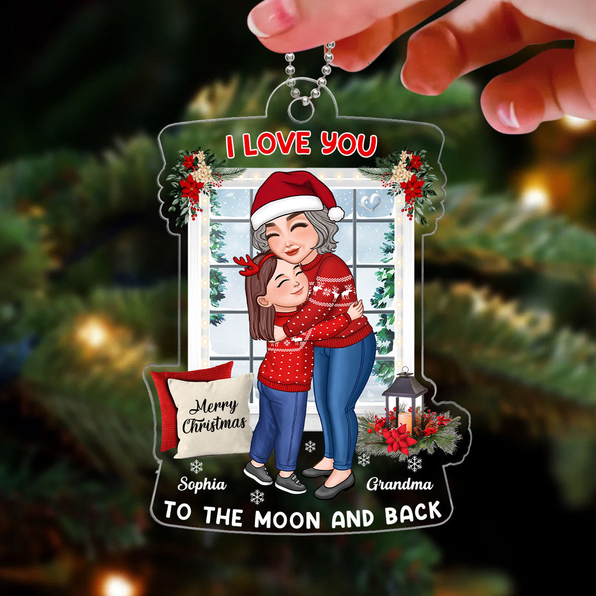 Grandma Hugging Grandkid By Christmas Window Personalized Acrylic Ornament