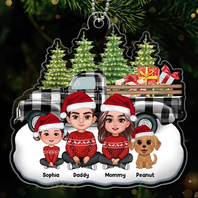 Buffalo Plaid Christmas Truck Family Dad Mom Kids Dogs Cats Crossed Legs Sitting Personalized Acrylic Ornament