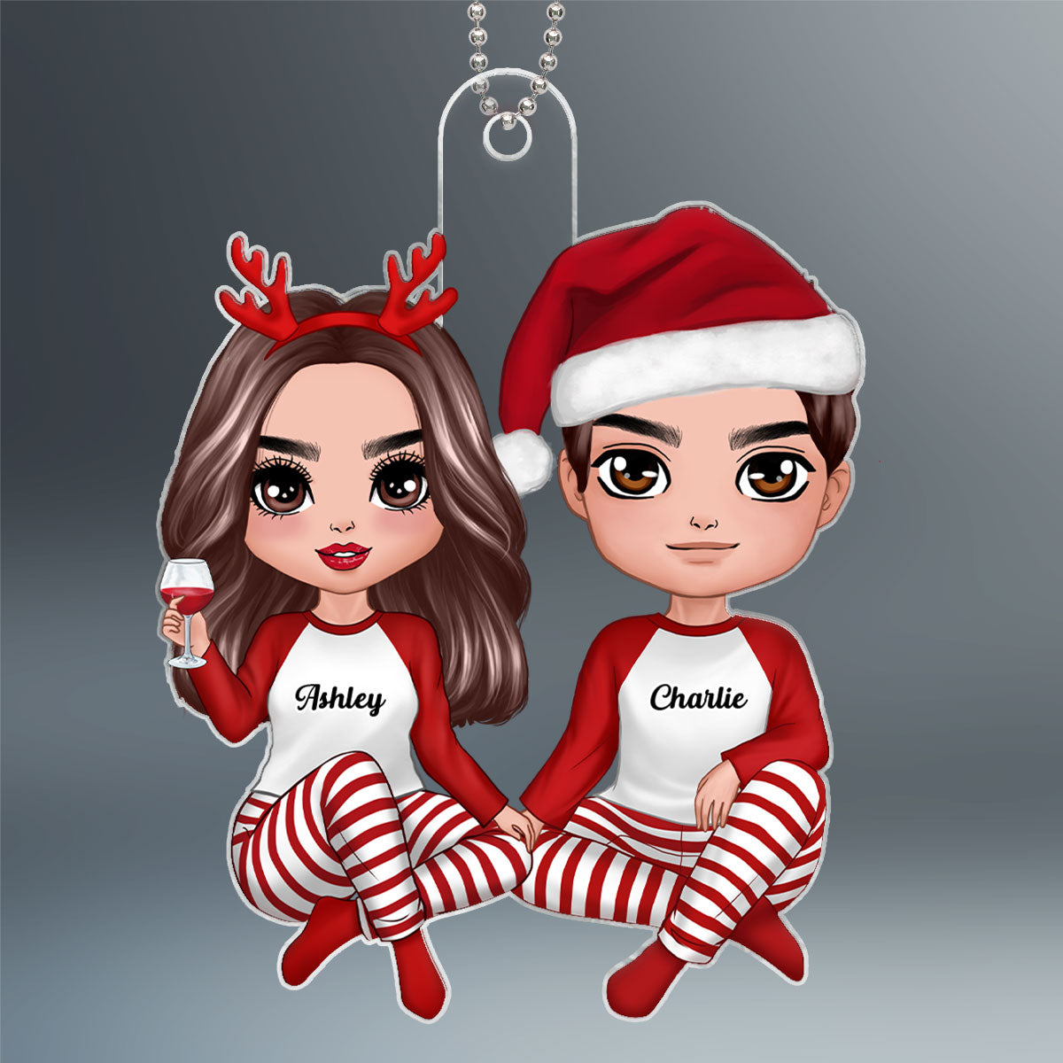Pajamas Doll Couple Sitting Christmas Gift For Him For Her Personalized Acrylic Ornament