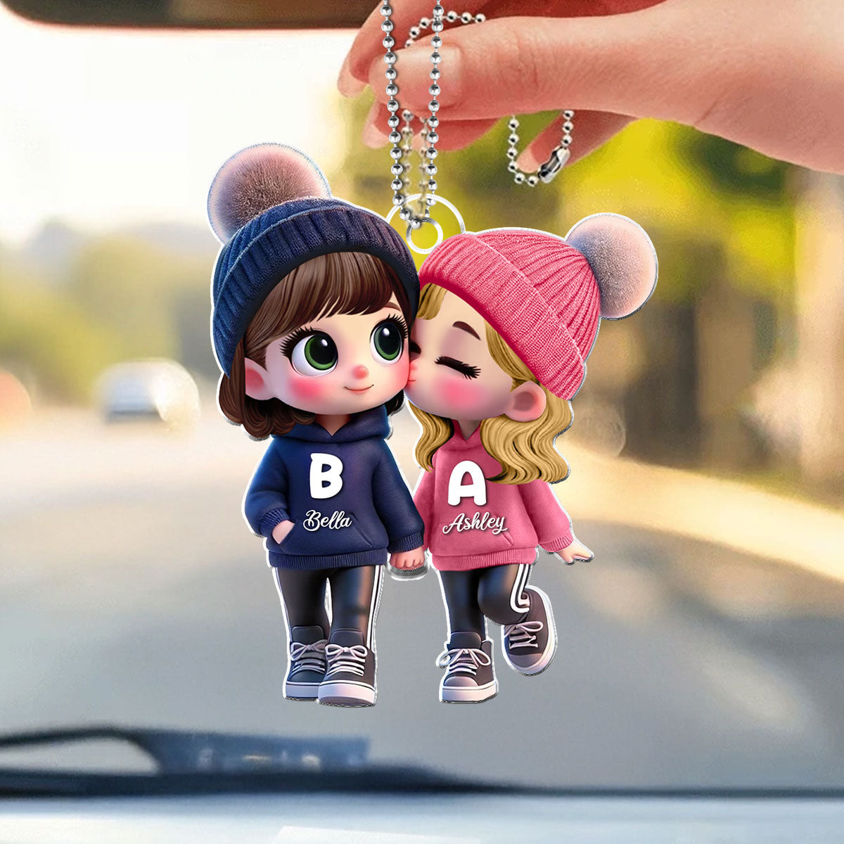 3D Effect Cute LGBTQ Cartoon Couple Summer Vibe Personalized Acrylic Car Ornament, Pride Month Gift