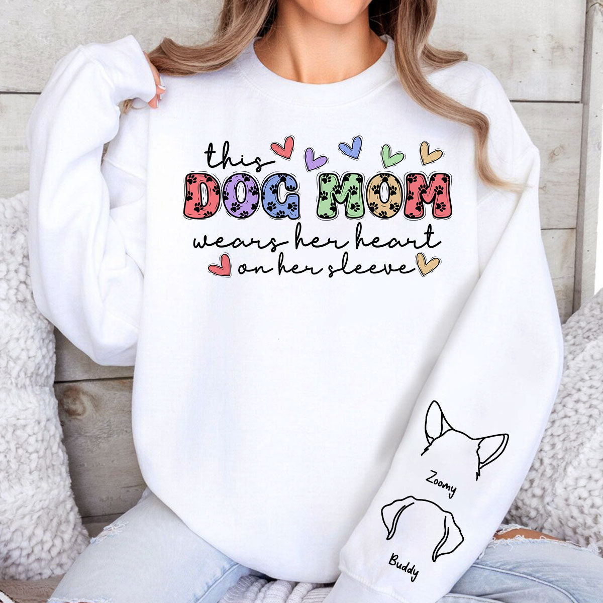 Dog Mom Colorful Paw Pattern, This Dog Mom Wears Her Heart On Her Sleeve, Custom Dog Name, Dog Mama, Personalized Sleeve Printed Sweatshirt