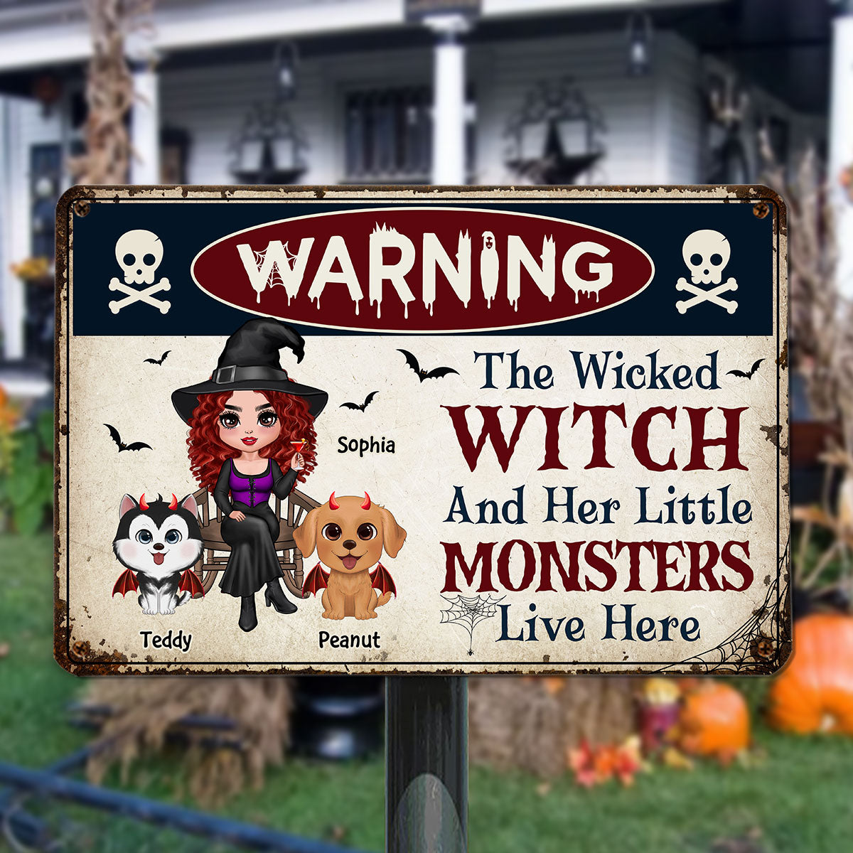 Warning Doll Wicked Witch And Little Monsters Watercolor Cute Dogs Live Here Personalized Metal Sign