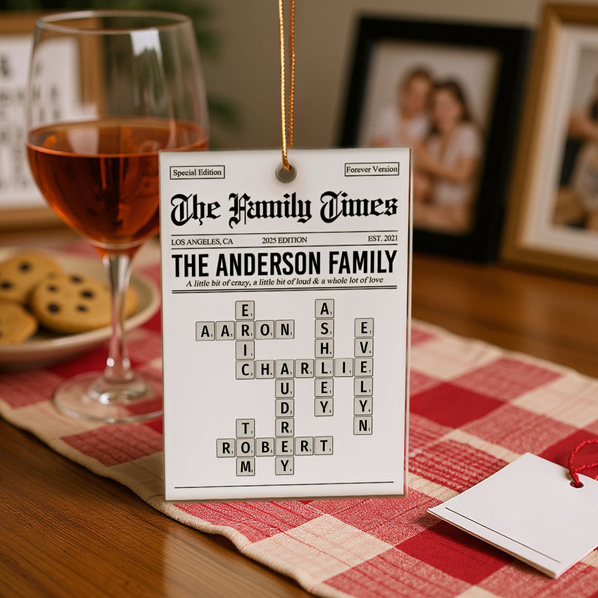 The Family Times Crossword Puzzle Newspaper Style - Personalized Acrylic Ornament - Christmas Keepsake Gift For Family