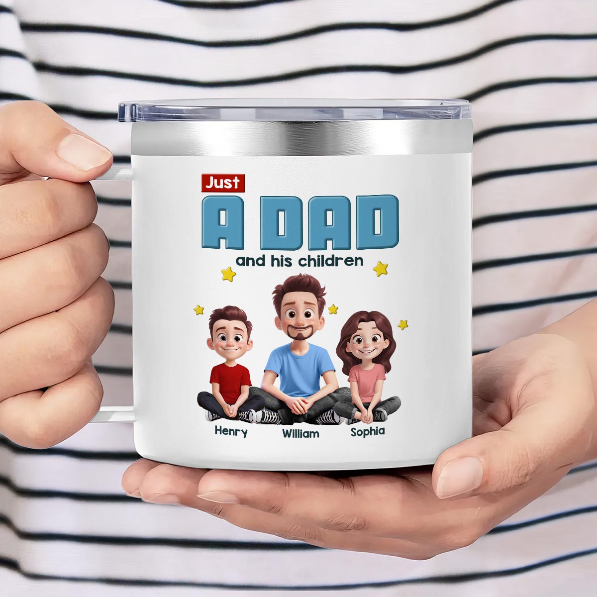 Just A Dad And His Kids Cartoon Funny Style Personalized Stainless Steel Tumbler With Handle, Gift For Dad