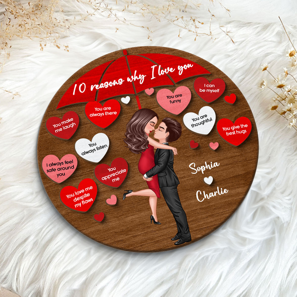 Reasons I Love You Couple Kissing Under Umbrella Personalized 2-layer Wooden Plaque