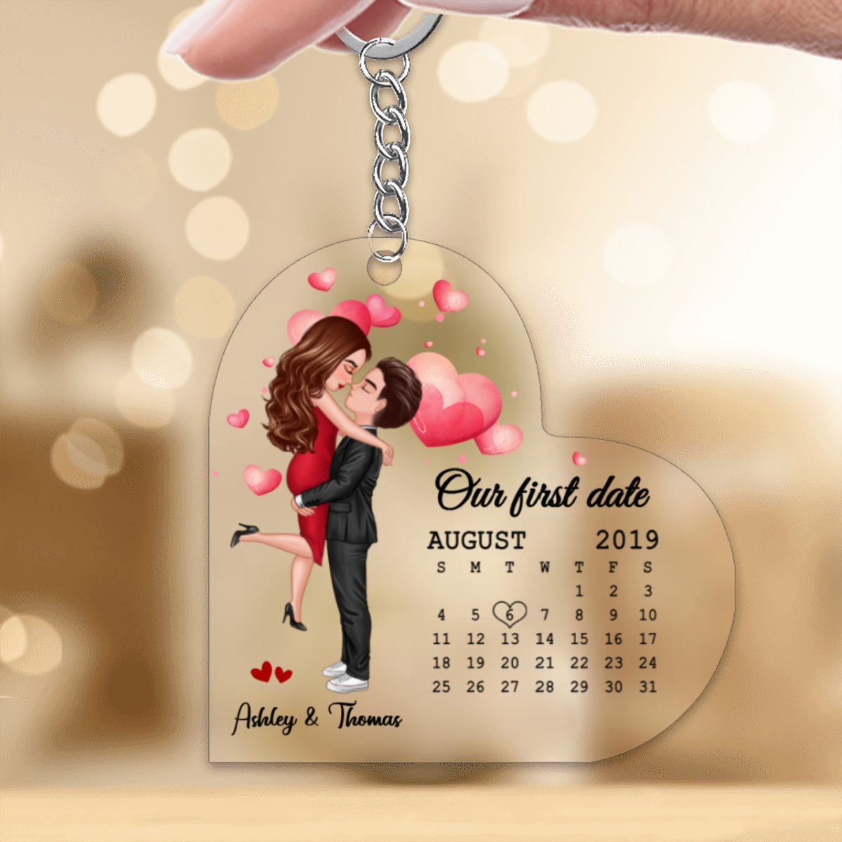 Doll Couple Hugging Kissing Calendar Anniversary Date Personalized Heart Shaped Acrylic Keychain - Gift For Him, Gift For Her