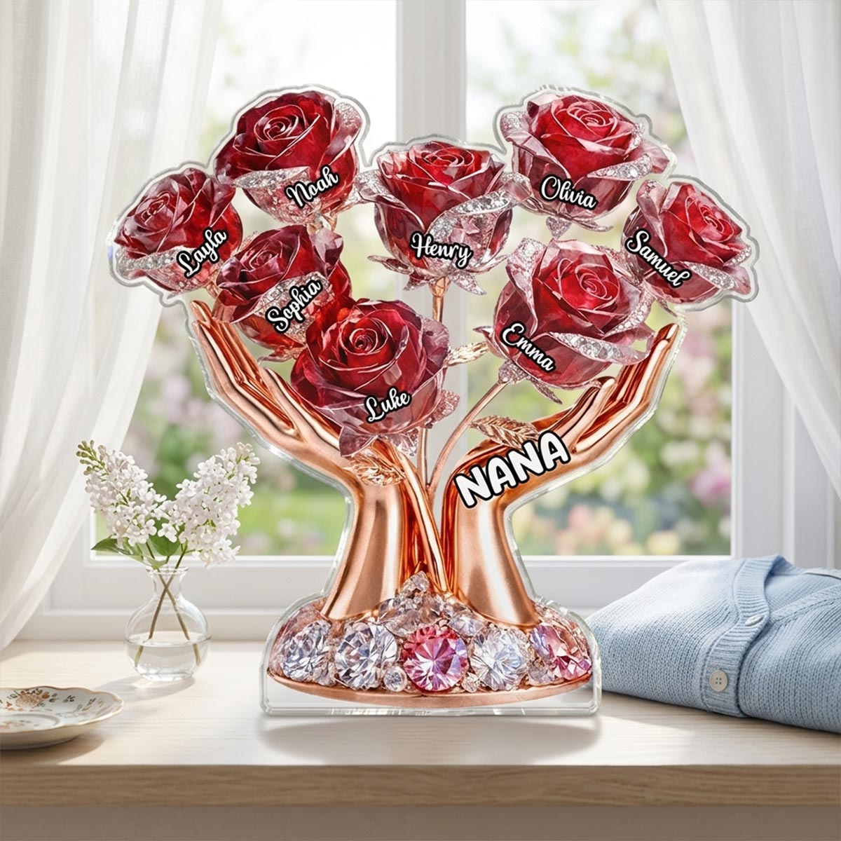 Grandma Hands Roses - Personalized Acrylic Block Plaque - Mother's Day Gift For Grandma