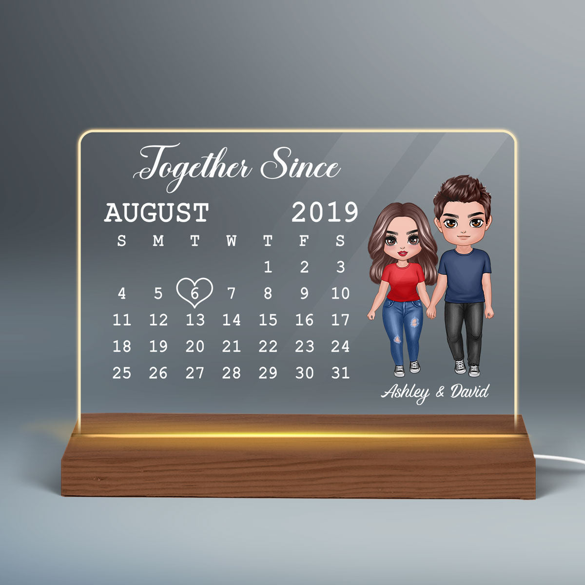 Doll Couple Standing Calendar Anniversary Date Gift For Him For Her Personalized Custom Shape Acrylic Plaque LED Night Light