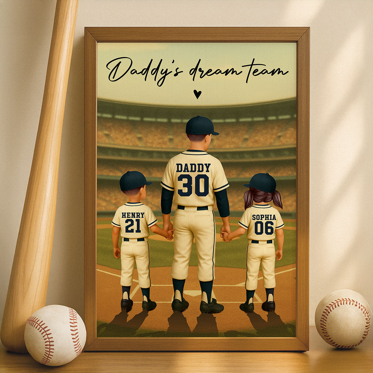 Daddy's Dream Team No. 1 Dad Man & Kids Baseball Retro Personalized Poster