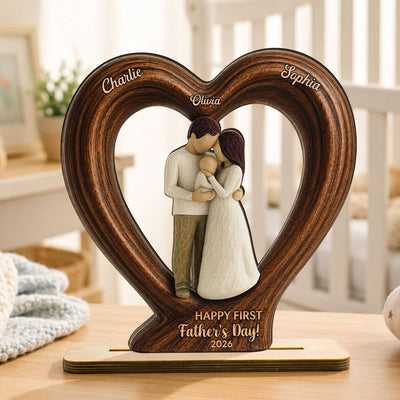 Happy First Father's Day Dad From Mom And Baby 2D Flat Heart - Personalized 2-Layered Wooden Plaque - Heartfelt Father's Day Gift For Husband, New Dad