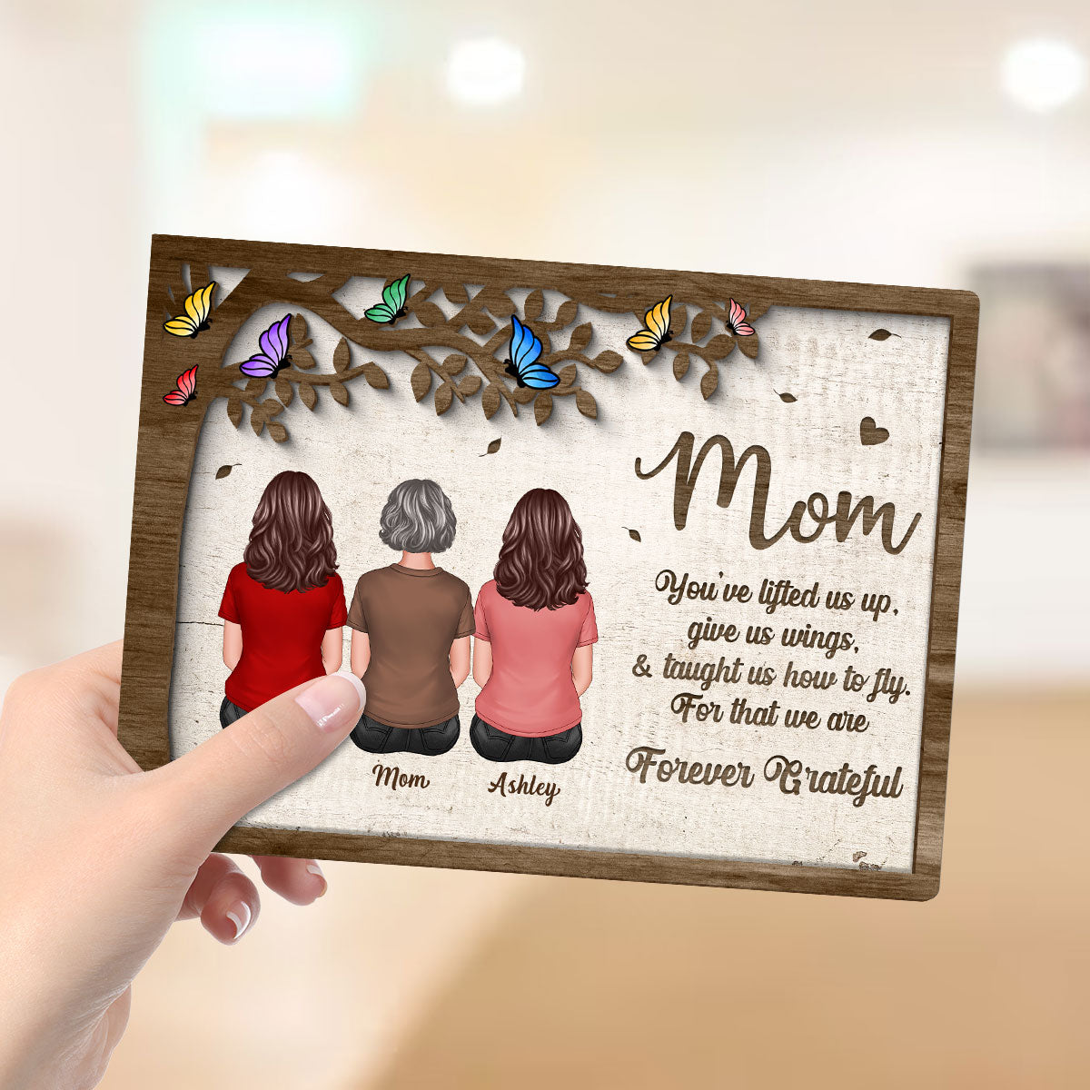 Mom And Daughters Sons Sitting Under Tree Butterflies Mother‘s Day Gift Personalized 2-Layer Wooden Plaque