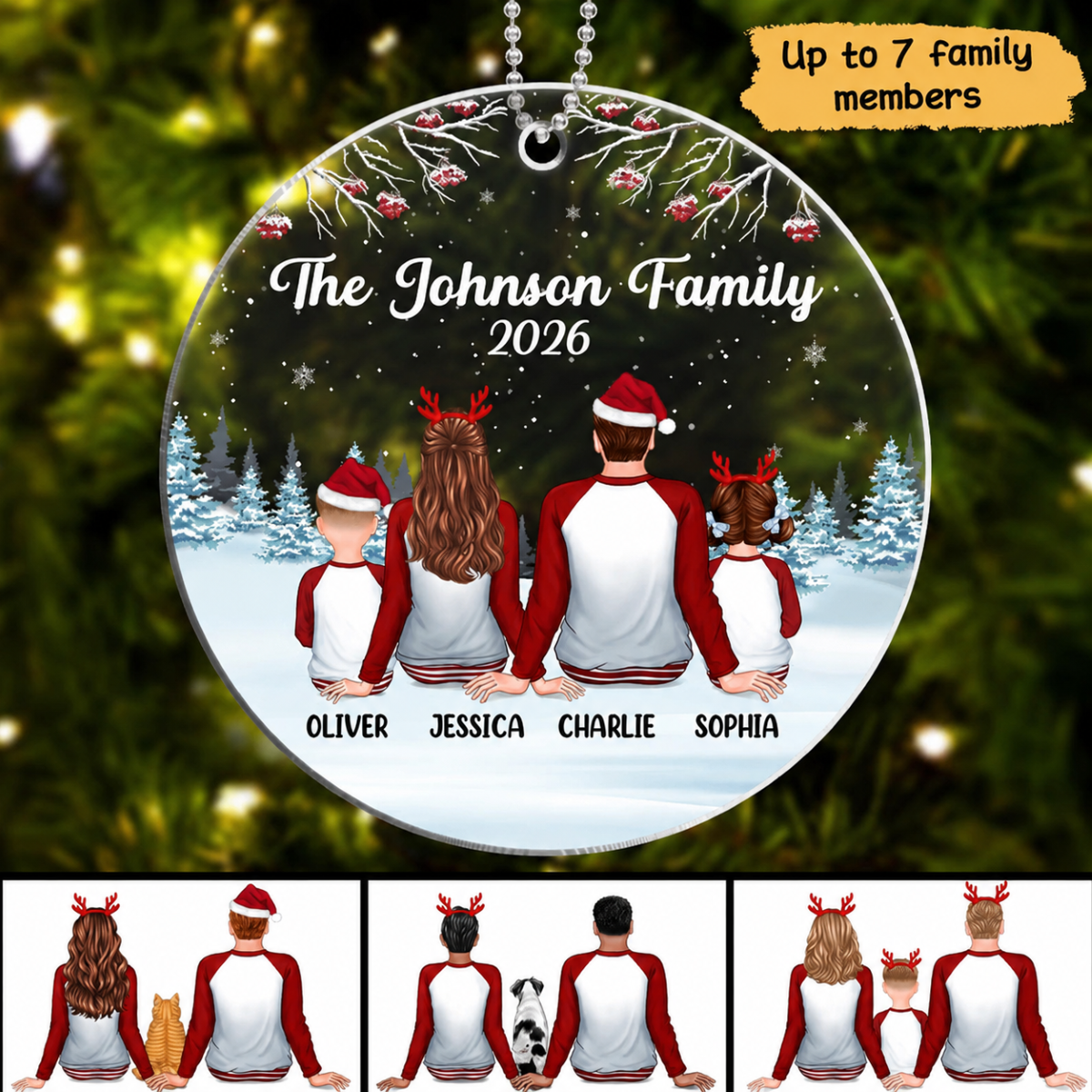 Family Back View Pajamas In Snow Personalized Circle Acrylic Ornament