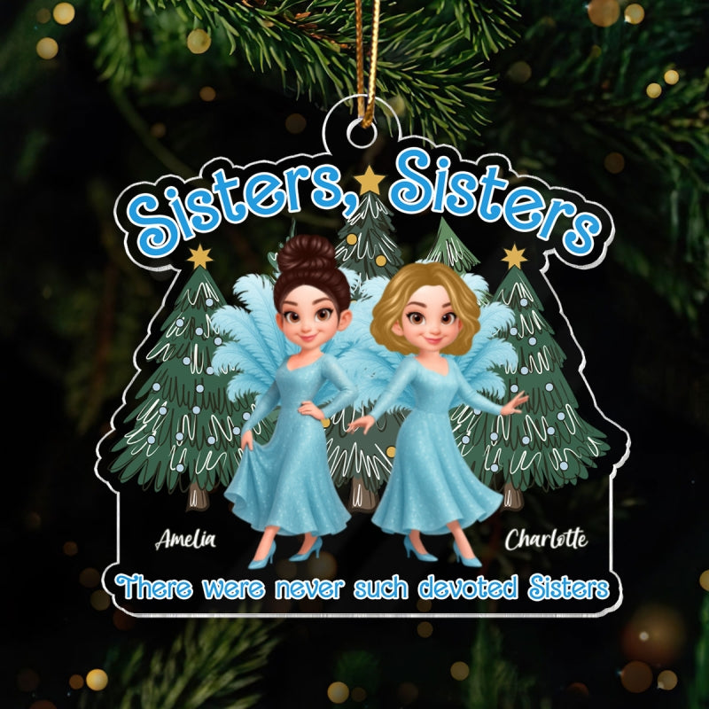 Cute Cartoon Sisters Besties Blue Dress Under Christmas Tree Personalized Acrylic Ornament