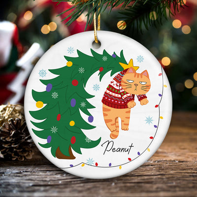 Naughty Cat Hanging On Christmas Tree Personalized Ceramic Ornament, Gift For Cat Lover