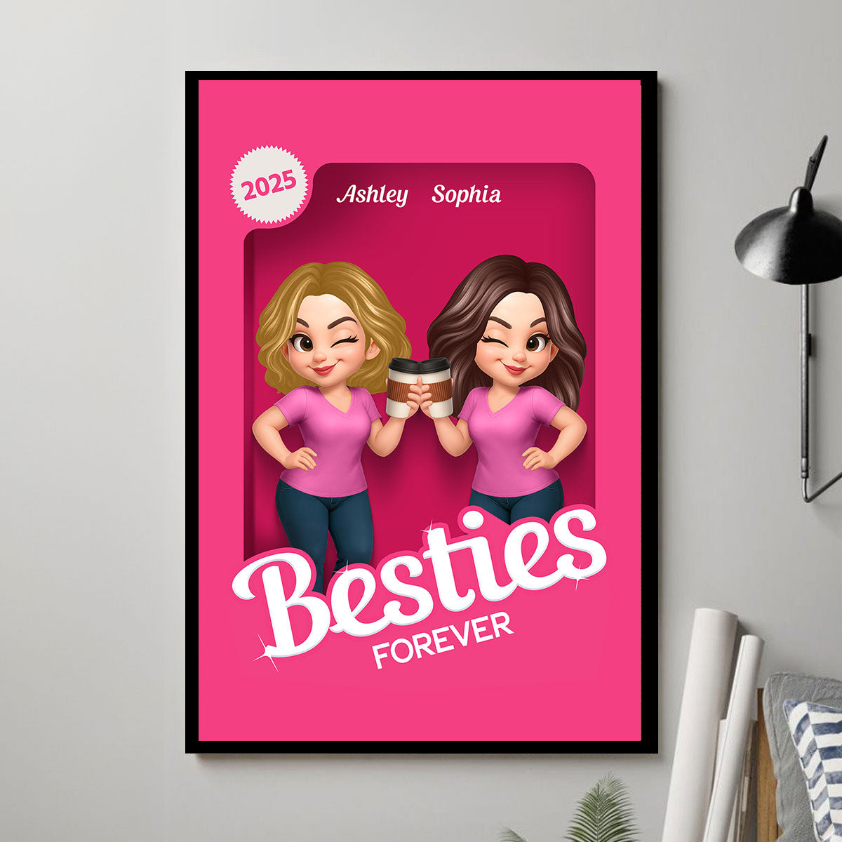 Besties Partners In Crime Pink Action Figure 3D Effect Personalized Poster