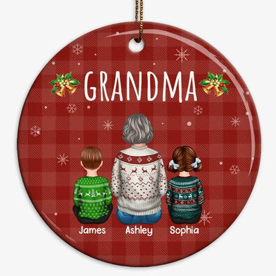 Checkered Pattern Grandma And Grandkids Christmas Personalized Circle Ornament