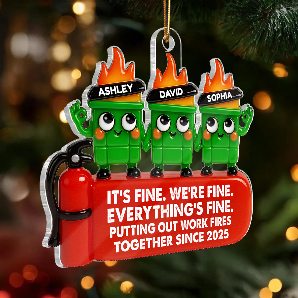 Coworkers Putting Out Work Fire Together Dumpster Fire - Personalized Acrylic Ornament - Funny Humor Christmas Gift for Coworkers, Colleagues