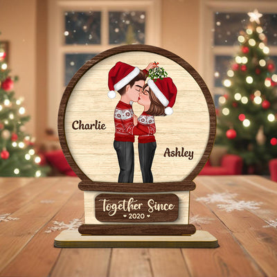 Couple Kissing In Snowball Personalized 2-Layer Standing Wooden Plaque, Christmas Gift For Him For Her