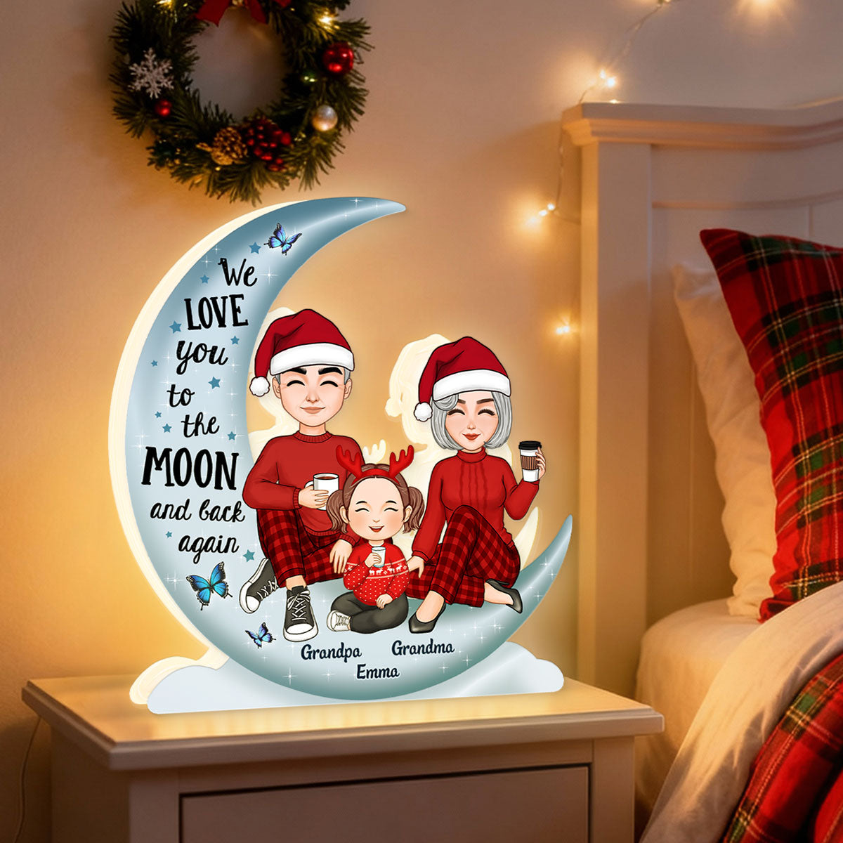 Cute Grandma Grandpa Grandparents & Grandkid On Moon - Personalized Light Box