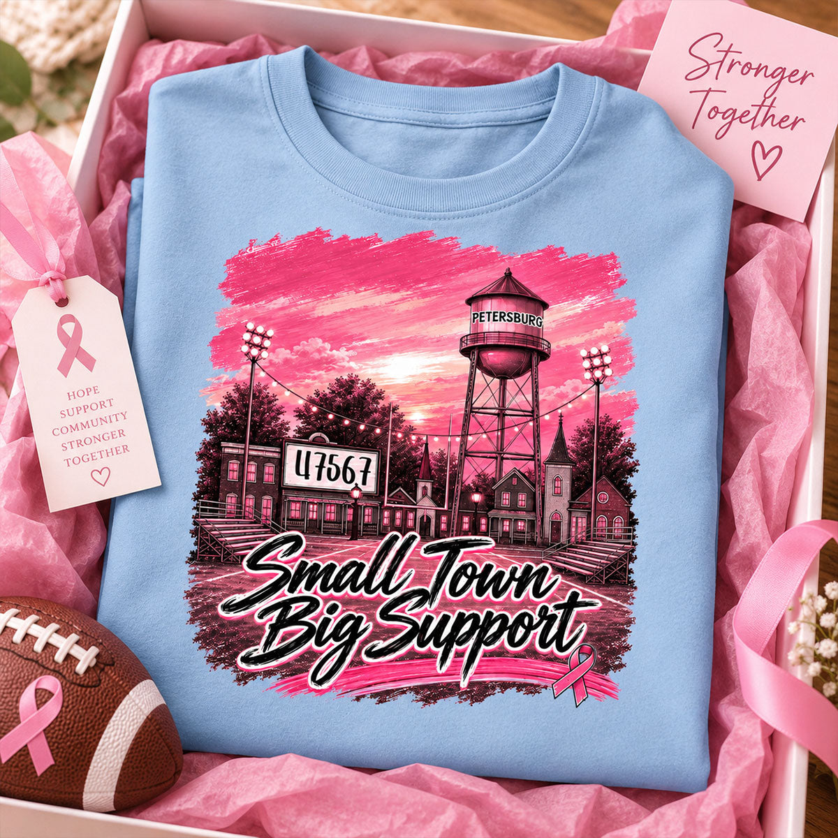 Small Town Big Support Breast Cancer Ribbon Football - Personalized Shirt - Coquette Game Day Mom Tee