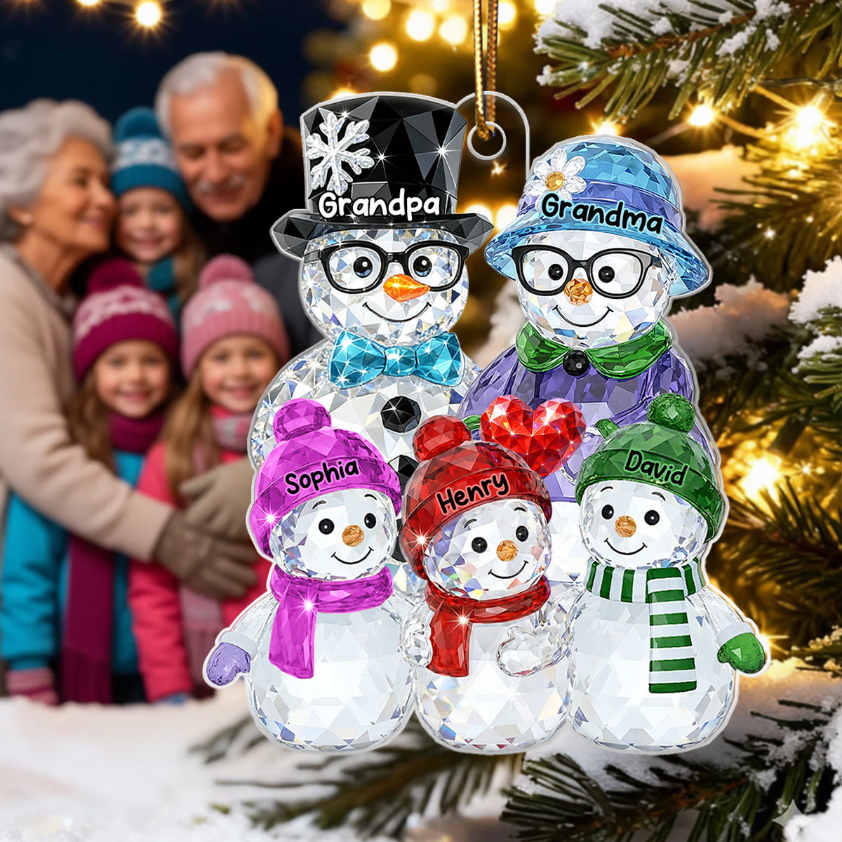 Grandparents And Grankids Snowman Pattern Crystal - Personalized Acrylic Ornament - Heartwarming Christmas Gift For Grandpa, Grandma, Grandparents