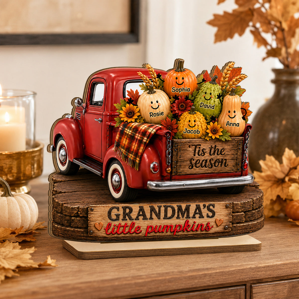 Grandma's Little Pumpkins Pickup Truck - Personalized 2-Layered Wooden Plaque - Cozy Fall Decor for Grandma