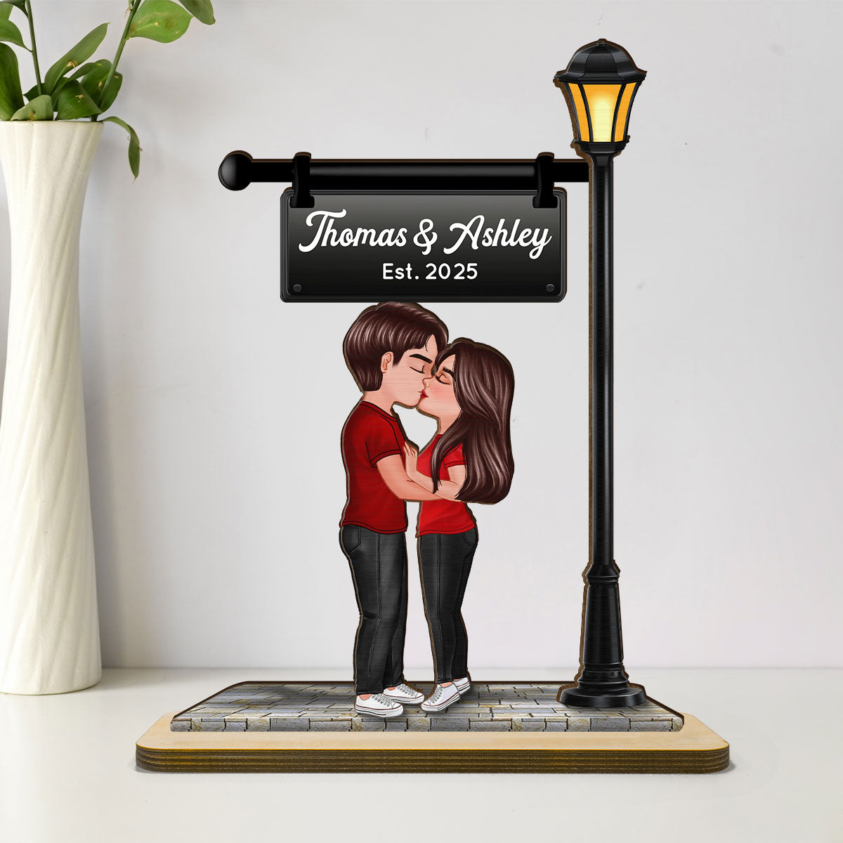 Eternal Love Couple Kissing Under Street Lamp Post - Personalized 2-Layer Wooden Plaque - Gift For Couple, Gift For Him, For Her