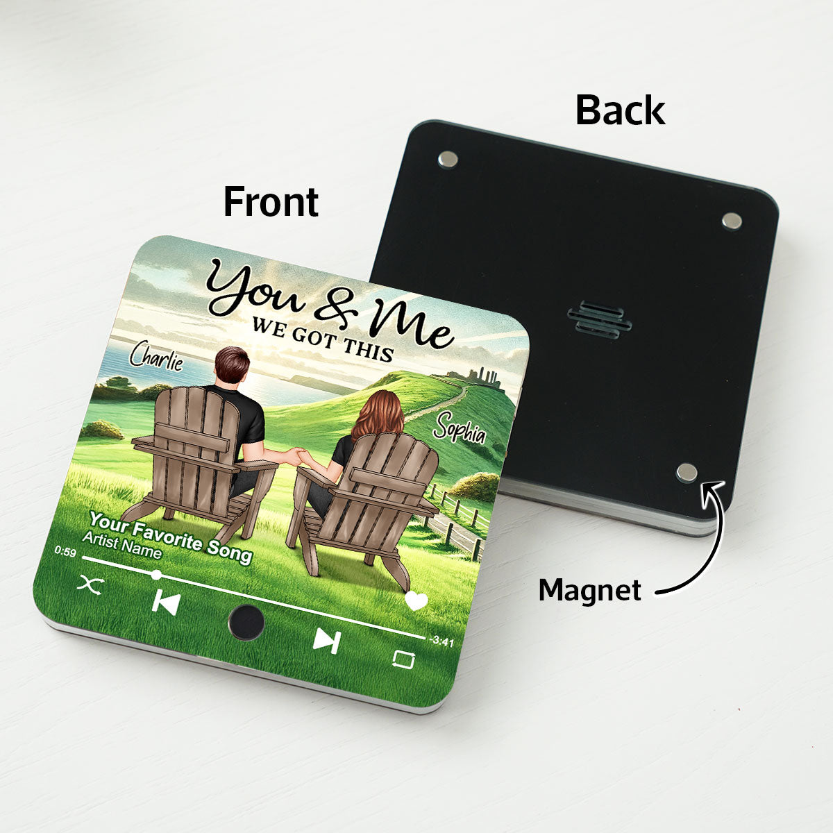 Back View Couple Sitting On Grass Hill Personalized Music Fridge Magnet, Heartfelt Gift For Couple, For Him, For Her