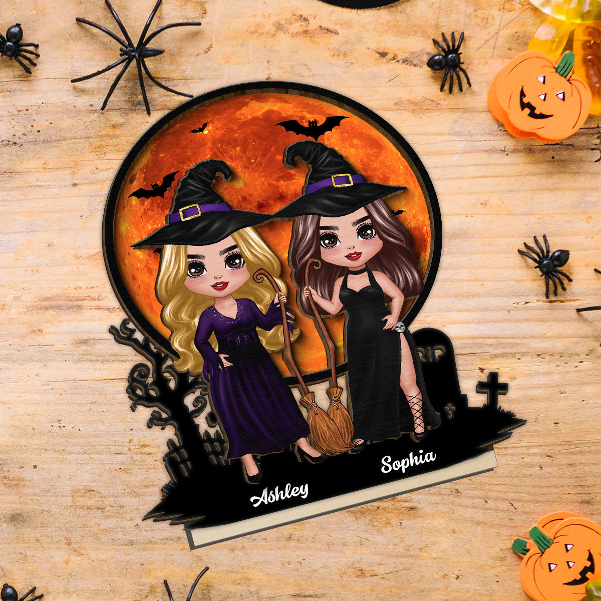 Witch Besties Halloween Moon Tabletop Tier Tray Wicca Pagan Decor Personalized 2-Layer Standing Wooden Plaque