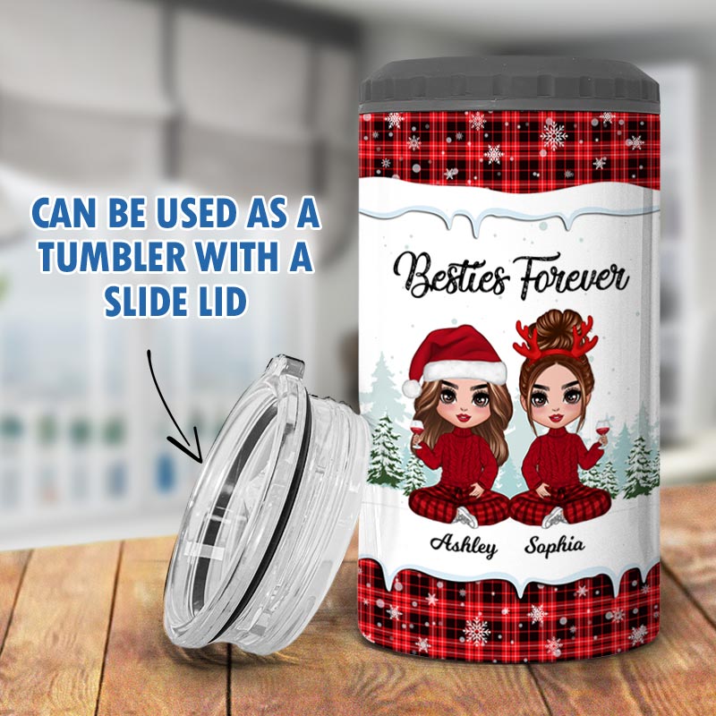 Checkered Pattern Besties Sisters Personalized 4 In 1 Can Cooler