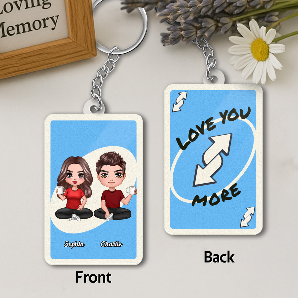 Love You More Game Card Style Doll Cartoon Couple - Personalized Acrylic Keychain - Valentine's Day Gift, Anniversary Gift For Him, For Her