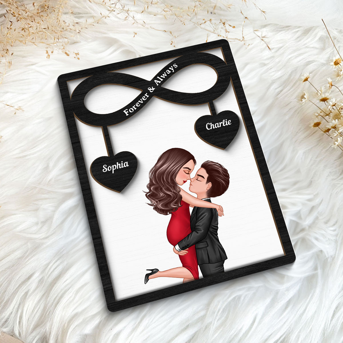 Couple Hugging Kissing Infinity Hearts Hanging Personalized 2-layer Wooden Plaque,  Gift For Him, For Her