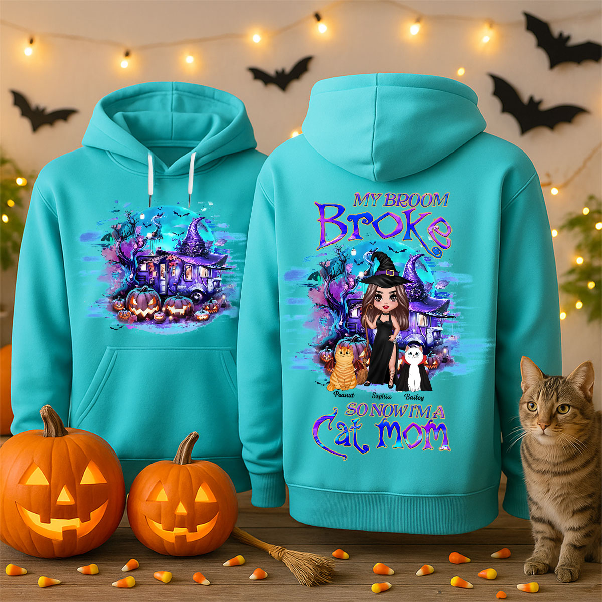 My Broom Broke So Now I'm A Cat Mom Halloween Personalized Hoodie