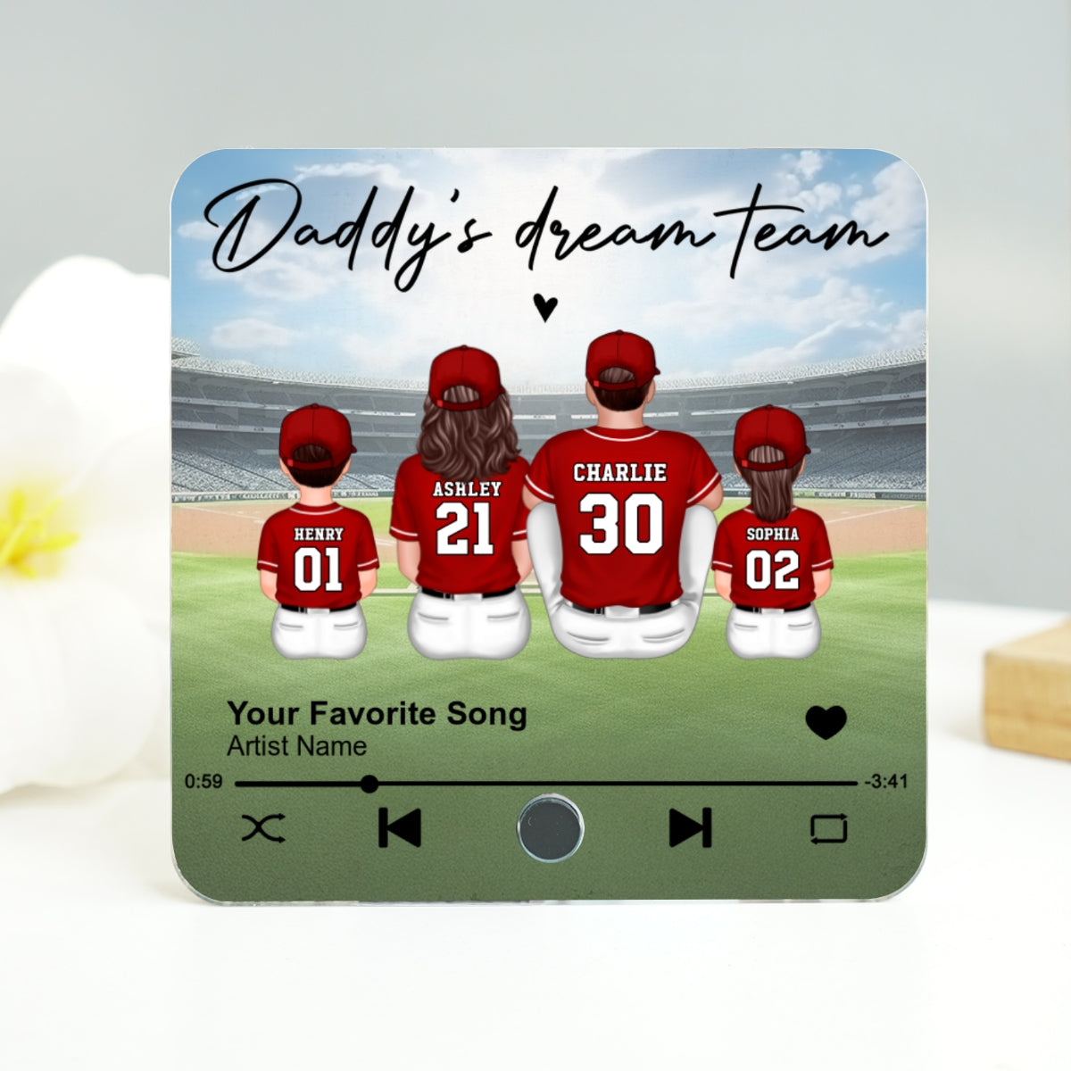 Daddy's Team Baseball Family Sitting Personalized Personalized Music Fridge Magnet, Heartfelt Gift For Dad