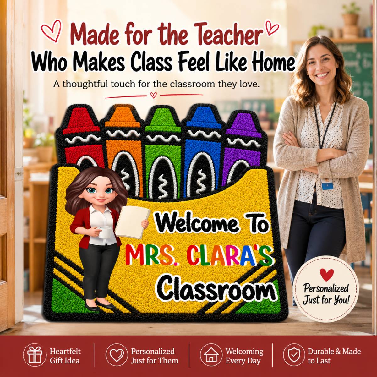 Teacher Welcome To Classroom Crayon Box Faux Yarn Pattern - Personalized Doormat - Back To School Gift For Teacher, Classroom Decor
